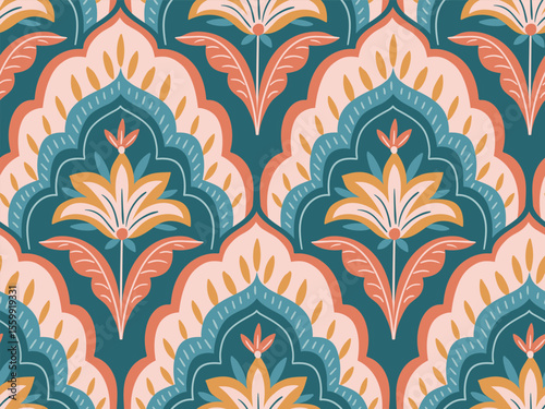 Vector seamless traditional Indian paisley pattern. Digital textile design Beautiful ethnic style. Damask colorful seamless floral seamless pattern for fabric or wallpaper