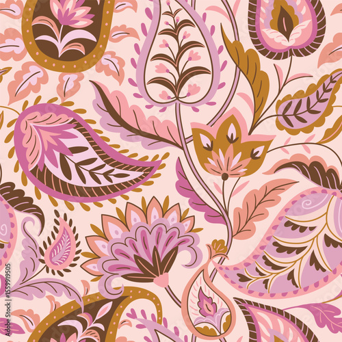 Vector seamless traditional Indian paisley pattern on pink background. Digital textile design Beautiful ethnic style colorful seamless floral hand drawn seamless pattern