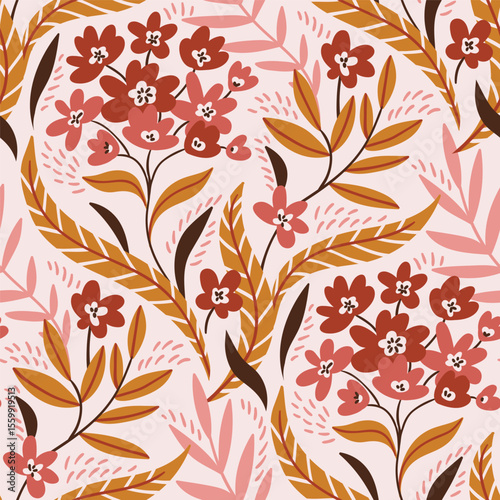 Elegance flora vector seamless pattern. Vector hand-drawn flowers repeat background on pink backdrop. Botanical fabric design.   Floral pink female print.