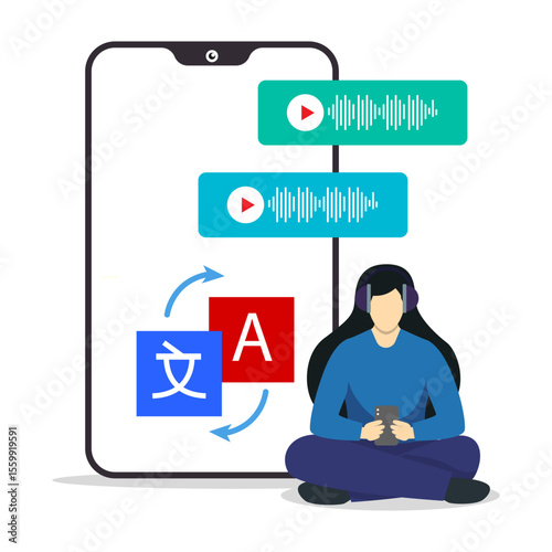 A woman using laptop and earphones to hearing online translation language. 