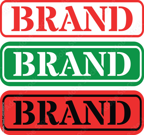 Three rectangular brand labels featuring bold text in red and green