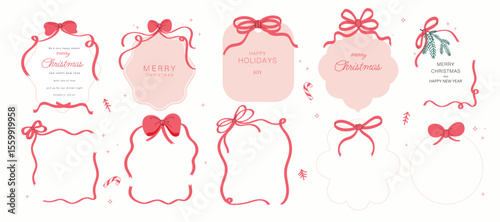 Merry Christmas hand drawn Ribbon cottage frame vector set. Collection of frame different with Christmas element decoration. Design for card, poster, cover, packaging, promotion, ads.