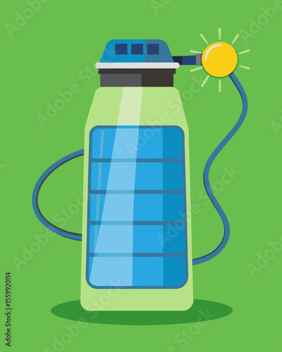 A solarpowered water bottle with a builtin purifier providing clean drinking water while outdoors.. Vector illustration