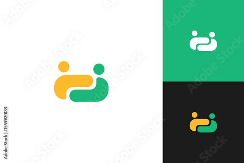 Abstract flat logo of two people connected in a handshake shape, representing partnership, support, and communication.