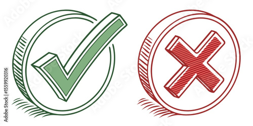 A set of checkmark and cross icons symbolizes choice, agreement, or rejection