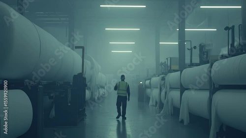 A factory worker, wearing a safety vest, walks through a textile factory filled with rolls of fabric, perhaps inspecting the facility for quality control.