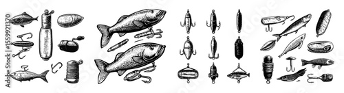 Vintage Fishing Equipment and Fish Illustrations in Black and White