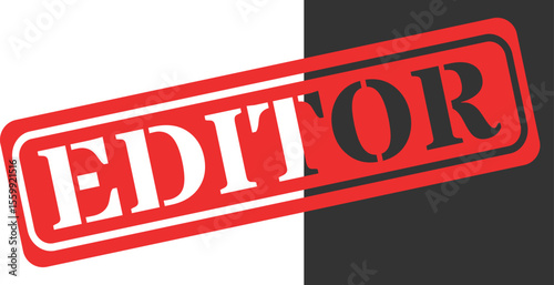 Bold red stamp with the word editor over a split background