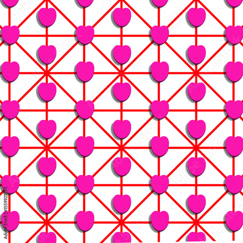 Seamless background with purple hearts. White lines on the background. 3D effect, shading. Purple hearts with red lines on a white background. Repeating seamless pattern with hearts