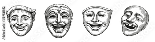 Vintage Theater Masks Representing Comedy and Joyful Expression, Logo Design, Hand drawing Engraving, Vector Illustration Isolated Object