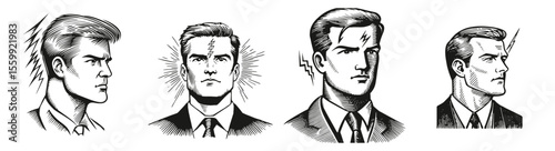 Retro Style Male Faces with Expressive Emotions in Black and White, Logo Design, Hand drawing Engraving, Vector Illustration Isolated Object