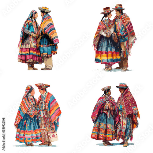 Colorful watercolor illustrations of Andean couples in vibrant traditional attire, reflecting the rich heritage, textiles, and unity of South American culture.

