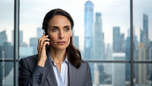 Wallpaper Mural Professional woman business attire talking phone with serious expression modern office with city skyline background. Focused and determined, she appears to be handling important conversation Torontodigital.ca