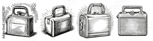 Vintage Illustrations of Classic Lunch Boxes in Various Styles, Logo Design, Hand drawing Engraving, Vector Illustration Isolated Object