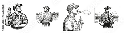 Vintage Black and White Illustrations of Male Referees and Umpires, Logo Design, Hand drawing Engraving, Vector Illustration Isolated Object