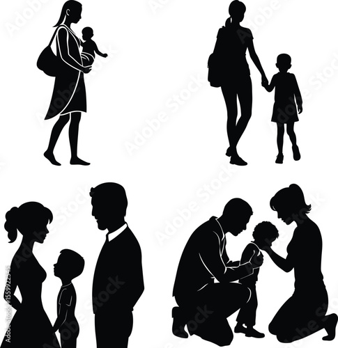 Vector art of isolated on white background, a set of family silhouettes captures tender moments between mothers, children, and babies, showcasing everyday life