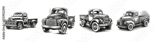 Vintage Sketches of Classic Pickup Trucks in Black and White Style, vector illustration, engraving design, logo design set, black and white line, template design element