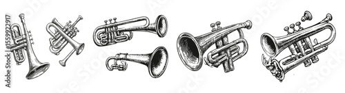 Vintage Musical Instruments Illustration of Various Trumpets and Horns, vector illustration, engraving design, logo design set, black and white line, template design element