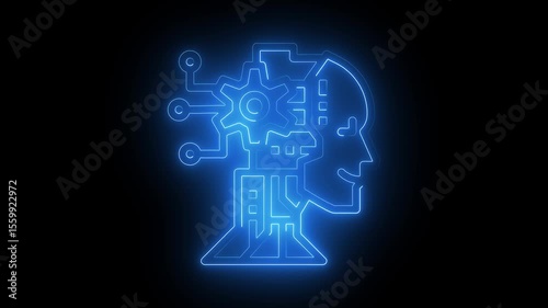 Glowing neon human head neon Human Brain With Made Of Board Traces. Brain System in a animation, 4k Brain head connect chip circuit digital expanding thinking artificial intelligence creative .