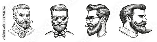 Vintage Barber Vector Illustrations of Hipster Men with Beards, vector illustration, engraving design, logo design set, black and white line, template design element