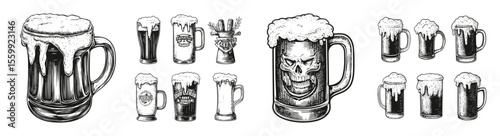 Vintage Mug and Glass Collection with Foam and Unique Designs, vector illustration, engraving design, logo design set, black and white line, template design element