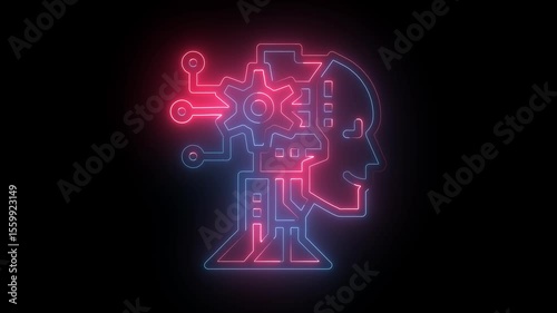 Glowing neon human head Artificial intelligence Thinking brain.neon Human Brain With Made Of Board Traces. Brain System in a animation, 4k Brain head connect chip circuit digital expanding t