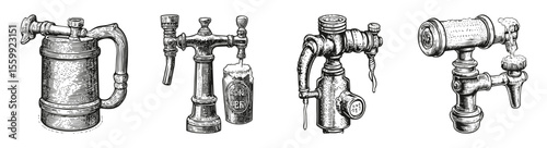 Vintage Craft Tap Designs in Detailed Illustration Style, vector illustration, engraving design, logo design set, black and white line, template design element