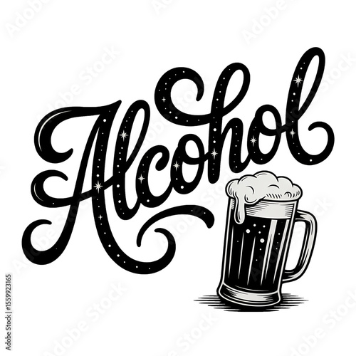 Craft beer illustration featuring the word alcohol with a frothy mug design in a bold and artistic style