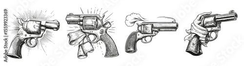 Vintage Vector Illustrations of Revolvers with Comic Style Effects, vector illustration, engraving design, logo design set, black and white line, template design element