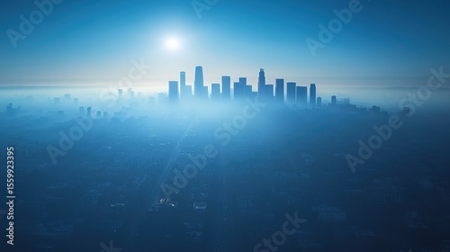 A dirty, smog-filled city skyline clearing up into a fresh blue sky 
