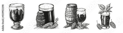 Vintage Woodcut Illustrations of Beer Glasses and Brewing Elements, vector illustration, engraving design, logo design set, black and white line, template design element