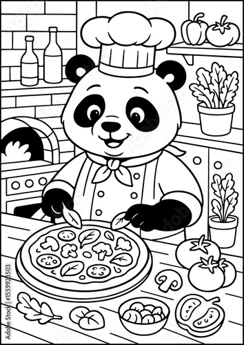 coloring book page, Anthropomorphic Animals, This adorable panda chef is busy baking delicious pizzas in a cozy kitchen full of ingredients. A fun and tasty coloring page for kids