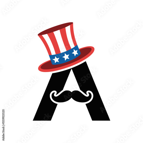 Letter A with Uncle Sam Hat and Mustache Art, Creative illustration of the letter A wearing an Uncle Sam hat and mustache, perfect for American patriotic themes and holiday designs.

