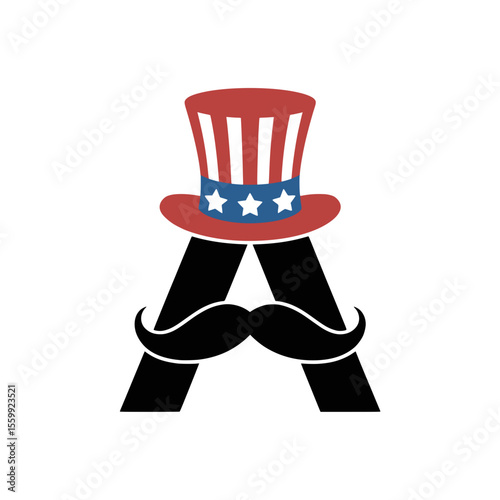 Letter A with Uncle Sam Hat and Mustache Art, Creative illustration of the letter A wearing an Uncle Sam hat and mustache, perfect for American patriotic themes and holiday designs.

