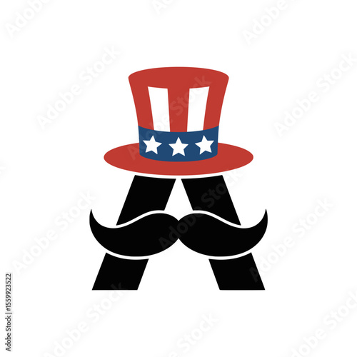 Letter A with Uncle Sam Hat and Mustache Art, Creative illustration of the letter A wearing an Uncle Sam hat and mustache, perfect for American patriotic themes and holiday designs.

