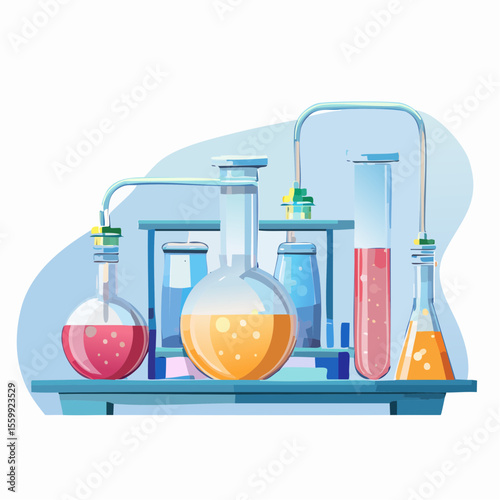 vector illustration of a chemistry lab with glowing liquids, flasks, and safety equipment