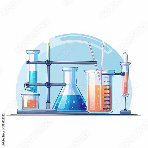 vector illustration of a chemistry lab with glowing liquids, flasks, and safety equipment