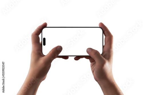 Horizontal smartphone held with both hands transparent, blank screen mockup great for video, game UI previews, or landscape app presentations