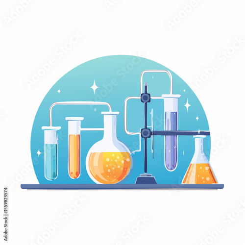 vector illustration of a chemistry lab with glowing liquids, flasks, and safety equipment