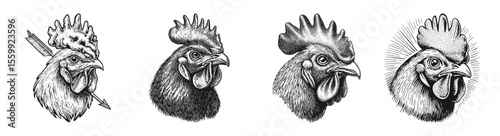 Unique Vector Silhouettes of Cockerels with Distinct Expressions, vector illustration, engraving design, logo design set, black and white line, template design element