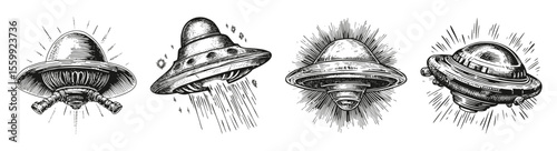 Vintage Retro Alien Spaceship Logo Design Concept in Vector Art Style, vector illustration, engraving design, logo design set, black and white line, template design element