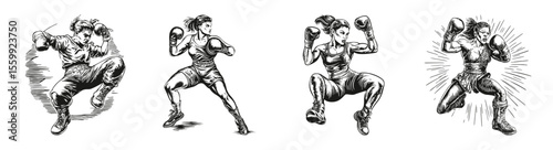 Dynamic Female Boxers Engaged in Muay Thai Kickboxing Action, vector illustration, engraving design, logo design set, black and white line, template design element