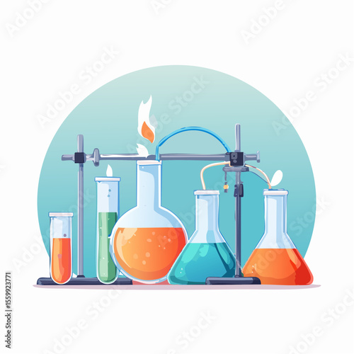 vector illustration of a chemistry lab with glowing liquids, flasks, and safety equipment