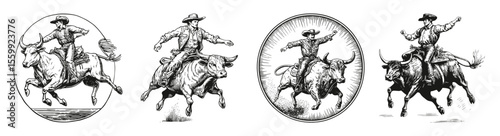 Cowboy Riding Bull Vintage Engravings in Classic Western Style, vector illustration, engraving design, logo design set, black and white line