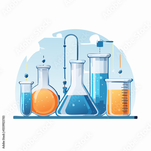 vector illustration of a chemistry lab with glowing liquids, flasks, and safety equipment