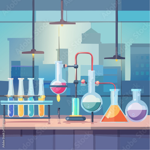vector illustration of a chemistry lab with glowing liquids, flasks, and safety equipment