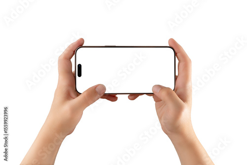Horizontal phone mockup in hands on white transparent background, ideal for app demonstrations, fullscreen content, or responsive layout designs