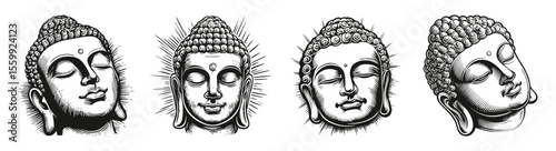 Elegant Buddha Head Illustrations for Spiritual and Mindfulness Themes, vector illustration, engraving design, logo design set, black and white line