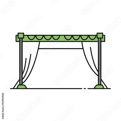 A simplistic illustration of an empty stage with curtains.