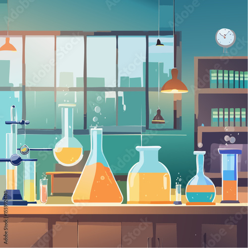 vector illustration of a chemistry lab with glowing liquids, flasks, and safety equipment